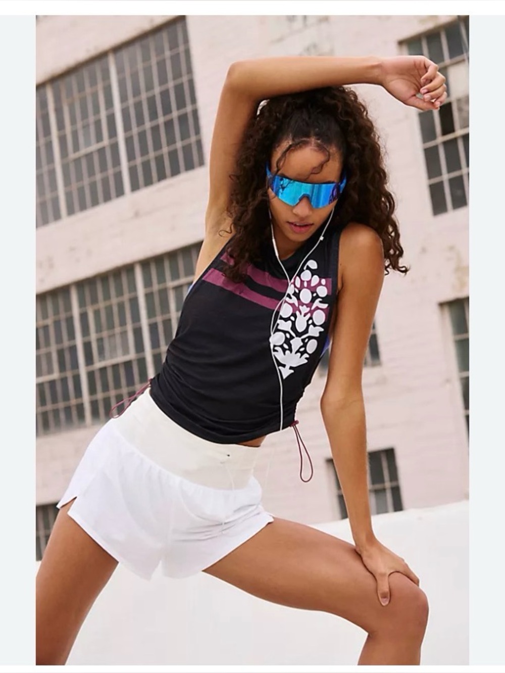 FP Movement by Free People Black Muscle Tee with Berry Stripes & White Floral
